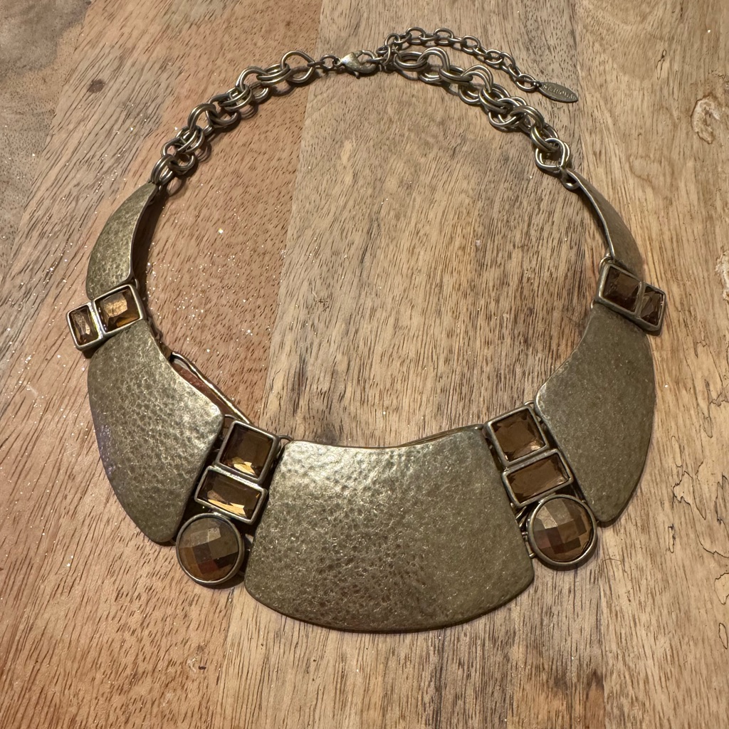 Vintage Signed St Thomas Hammered Metallic Necklace W/ Geometric Accents